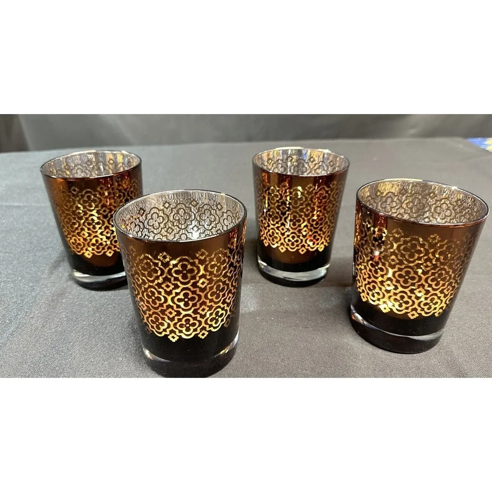 Copper Colored Design Mercury Glass Silver Inside Votive Candle Holders Set/4
